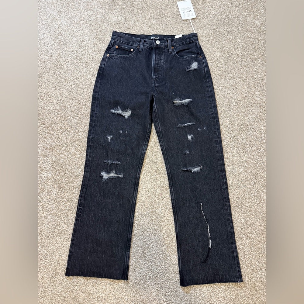 NWT Etica Women’s Distressed‎ Black Straight Leg Jeans 27